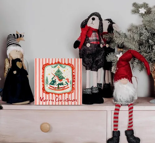 Vista 4 de KEUSPI Cartel de madera rústica rosa con texto en inglés "Merry Christmas", decoración de escritorio de Navidad preparada, árbol de Navidad, caballo