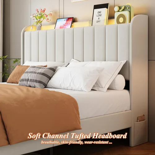Vista 6 de Base de cama tamaño matrimonial con cabecera de almacenamiento y 2 cajones, base de cama tapizada con luces LED y práctica estación de carga, no Gris