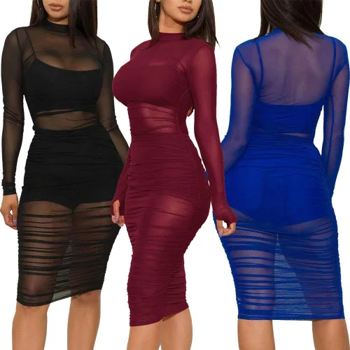 Vista 2 de Vestido sexy de malla transparente para mujer, de manga larga, midi, entallado, para fiesta, club, 3 piezas, con chaleco y pantalones cortos