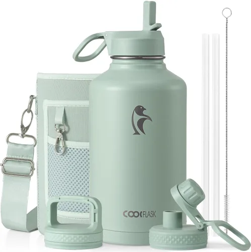 Vista 104 de Coolflask Botella de agua de 24 onzas aislada con pajilla, 3 tapas de metal de acero inoxidable, botella de agua de boca ancha para deportes u