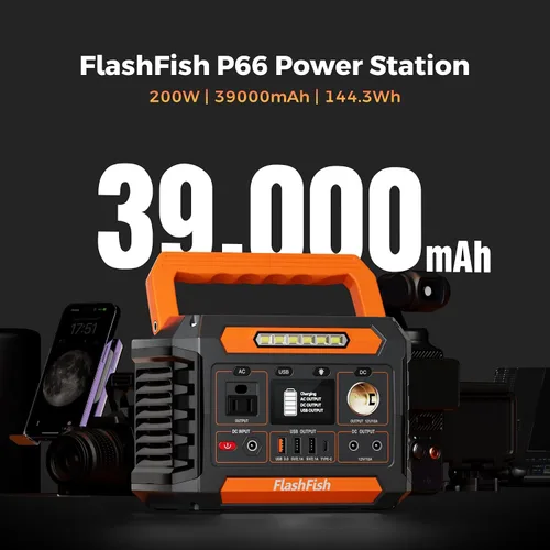 Vista 3 de FF Flashfish 144.3Wh con panel solar de 100 W, generador solar de 200 W con luces AC/DC/USB/tipo C/LED, batería de reserva para camping, viajes