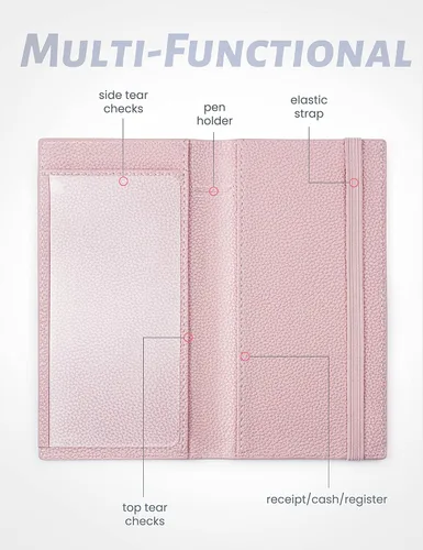 Vista 2 de Yarnic Funda para chequera personal, soporte para chequera con soporte para bolígrafo y divisor de plástico transparente integrado para cheques Rosa