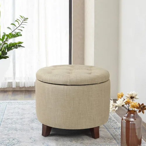 Vista 18 de Adeco Otomana redonda de almacenamiento, taburete tapizado para maquillaje, taburete de terciopelo para dormitorio, dormitorio beige
