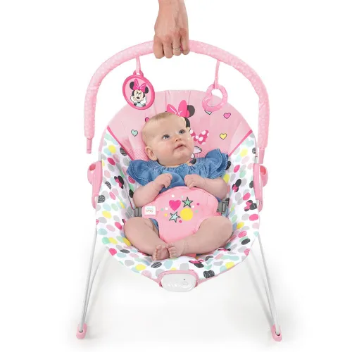 Vista 8 de Bright Starts Disney Baby Minnie Mouse Balancín para bebé con vibraciones relajantes y peluche Asiento para bebé - Barra de juguete extraíble, pies