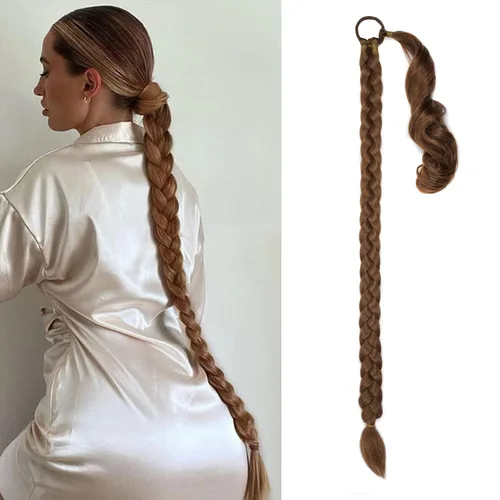 Vista 7 de Extensión de cola de caballo larga trenzada para bricolaje, extensión de cola de caballo rubio de 34 pulgadas con banda elástica recta envolvente