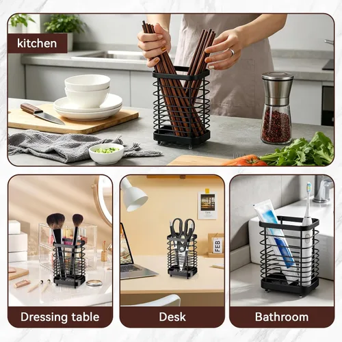 Vista 7 de Cesta de secado de utensilios de acero inoxidable, cesta de secado de cubiertos para fregadero de cocina con drenaje, estante de utensilios