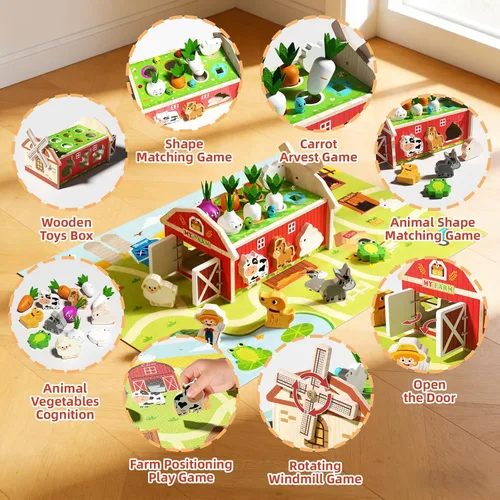 Vista 4 de JAUNTY Montessori - Juguete para niños pequeños de 1, 2 y 3 años, juguete de clasificación de forma de granja de madera para bebés niños y niñas