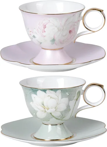 Vista 18 de KAMMAK Juego de 2 tazas de café de cerámica, tazas de café de porcelana con platillos, 6.52 onzas hechas a mano, elegante taza de té de porcelana