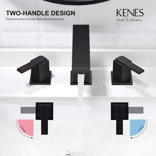 Vista 5 de KENES Grifo de Baño Extendido Negro Mate de Dos Manijas, Grifos de Lavabo de Baño Negro de 3 Orificios, 8 Pulgadas, Grifo de Tocador de Baño de 3
