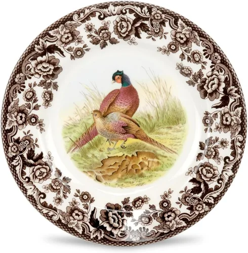 Vista 14 de Spode Woodland Bass Plato de Ensalada - 8" Loza Fina, Hecho en Inglaterra, Diseño de Pez de Caza con Borde de Flores Británicas para Ensaladas