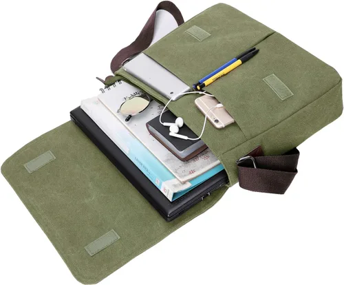 Vista 5 de Bolso bandolera de lona vintage para hombres y mujeres, bolsa de hombro de viaje para laptop de 13.5 pulgadas, bolsa para libros (verde militar)