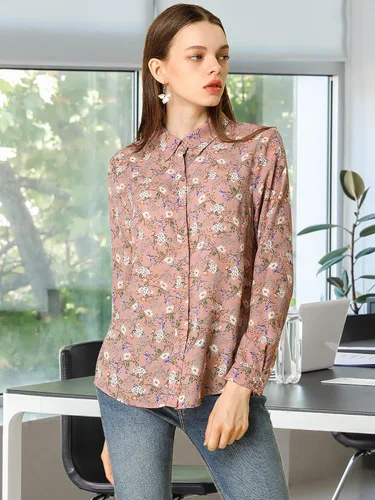 Vista 3 de Allegra K Camisa de manga larga con botones para mujer, blusa floral con cuello en punto