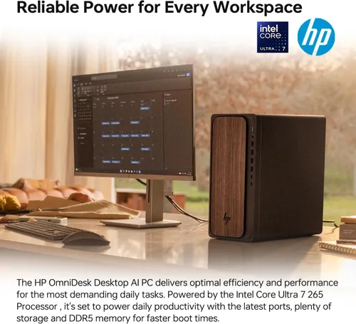 Vista 5 de HP OmniDesk M03 Business AI PC de sobremesa, Intel Core Ultra 7 265 (>i7-14700), 8 GB DDR5 RAM, 512 GB SSD, 4 monitores compatible con 4K, KB