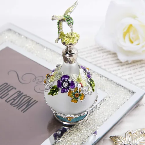 Vista 5 de YU FENG Botella de perfume de vidrio con flor de colibrí, botella de perfume de cristal decorativa con esmalte joya, contenedor de perfume