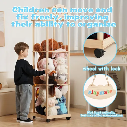 Vista 4 de Organizador grande de almacenamiento de animales de peluche, 61 pulgadas de alto de madera de alta calidad, lindo soporte para juguetes de zoológico
