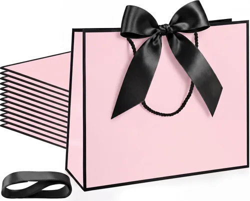 Vista 40 de Silkfly 12 bolsas de regalo con asas para dama de honor, 12 x 10 x 4 pulgadas, elegantes bolsas de regalo de bienvenida de boda con lazo para Negro