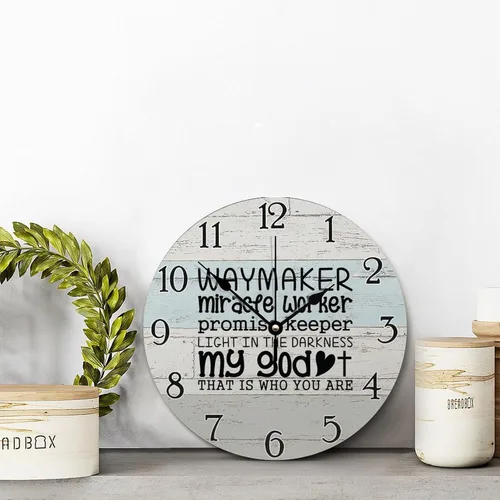 Vista 2 de Waymaker Miracfe Worker - Reloj de pared con versículo bíblico, arte religioso, reloj de madera, texto inspirador cristiano, reloj de madera rústico