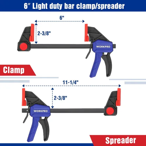 Vista 2 de WORKPRO Abrazaderas de mini barra para carpintería, 6"(2) y 4-1/2" (2), abrazadera/esparcidor con una sola mano de 4 piezas, abrazadera F de cambio