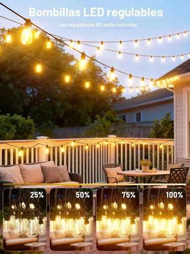 Vista 6 de Jerritte - Cadena de luces LED para exteriores de 60 pies con 16+1 bombillas Edison inastillables IP65 impermeables, 2700K regulables, luces