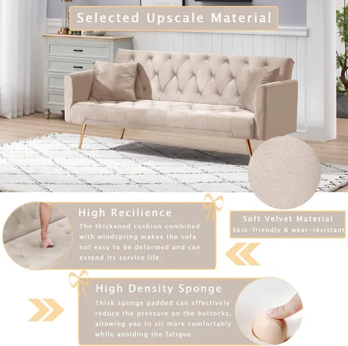 Vista 3 de Sofá cama futón de terciopelo con 2 almohadas, sofá cama convertible con respaldo ajustable de 3 ángulos, sofá biplaza moderno con 4 patas de metal