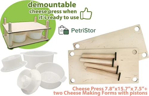 Vista 3 de Prensa de queso de madera para suministros de fabricación de queso, guías de madera de 16 pulgadas y molde de 2 quesos con pistón seguidor de 1.3