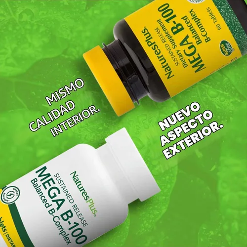 Vista 2 de NaturesPlus Mega B-100 Complex - 60 tabletas de liberación sostenida - Complejo B equilibrado - Soporte energético - Vegetariano, sin gluten - 60