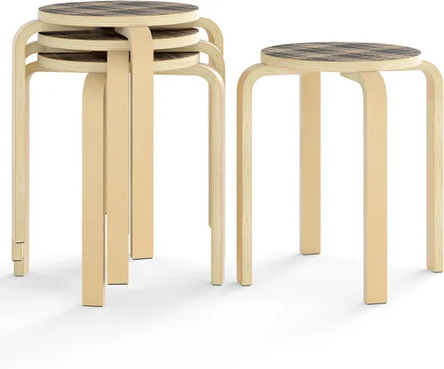 Vista 14 de COSTWAY Juego de 4 taburetes apilables de madera curvada, sillas de mostrador sin respaldo de 18 pulgadas de altura con parte superior redonda
