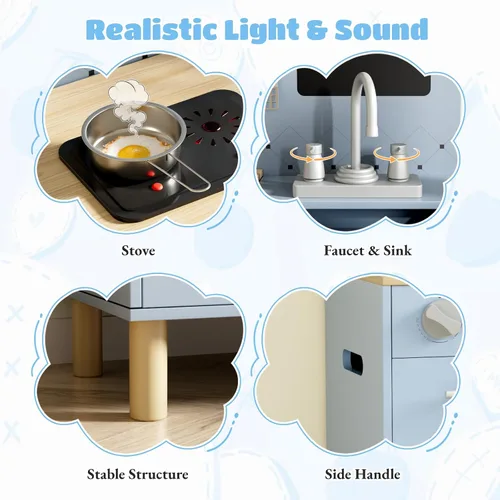 Vista 4 de Arlopu Juego de cocina de madera para niños con pizarra, luces y sonidos realistas, cocina interactiva con estufa, dispensador de agua, 6 utensilios