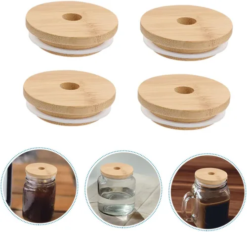 Vista 4 de UPKOCH Tarro de conservas para tarros de yogur, 4 unidades, tapas de bambú, tapa de tarro de vidrio, tapa de madera