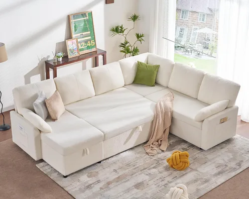 Vista 12 de PaPaJet Sofá Cama, Sofá Cama con Chaise de Almacenamiento, Sofá en Forma de L con Cama Extraíble, Sofás de Gran Tamaño para Sala de Estar - Boucle
