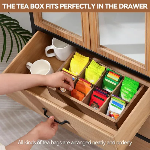 Vista 3 de KIRIGEN Organizador de bolsitas de té de madera con 8 compartimentos Caja de almacenamiento de madera que organiza bolsas de té, paquetes de azúcar