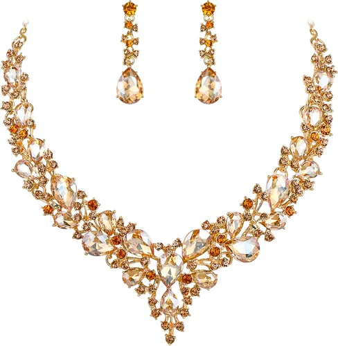 Vista 14 de BriLove Women's Wedding Statement Necklace Dangle Earring Jewelry 01-Tono plateado transparente