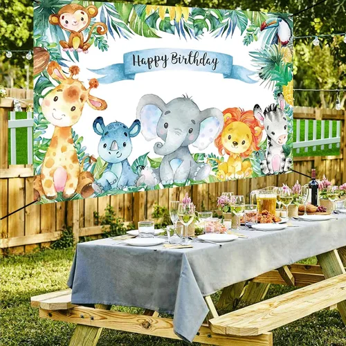 Vista 2 de Renaiss Cartel de feliz cumpleaños de 6 x 3.6 pies, decoración de fiesta infantil de animales salvajes de safari, selva tropical, decoración