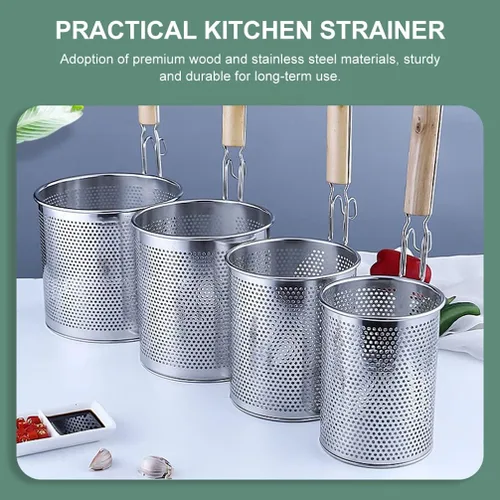 Vista 6 de XENITE Cesta de pasta para hervir pasta, colador de araña, de malla con mango de madera, cuchara ranurada, colador de olla caliente, cucharón