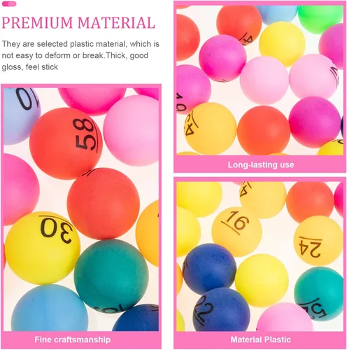 Vista 9 de Juego de bingo, bolas de juego de bingo, 60 unidades, bolas de rifa de 1 a 60 numeradas, multicolor, repuesto de plástico para accesorios de juego