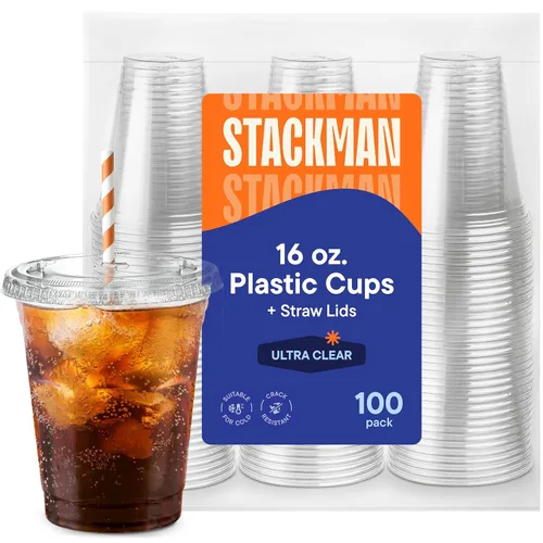 Vista 10 de Vasos de plástico transparente de 12 onzas con tapas con ranura para pajita [100 juegos] Vasos de plástico desechables PET transparente como cristal