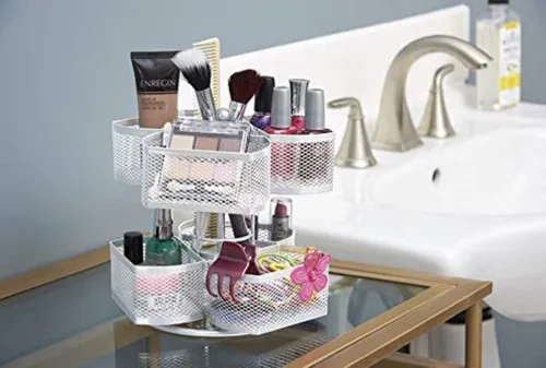 Vista 2 de Nifty Carrusel organizador de cosméticos de 2 niveles, acabado de recubrimiento en polvo blanco, giros de 360 grados, almacenamiento cosmético