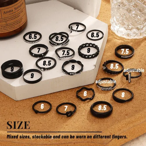 Vista 7 de KISS WIFE Juego de anillos dorados, plateados y negros para nudillos, para mujeres, delicados, simples, modernos, apilables, perfectos para apilar
