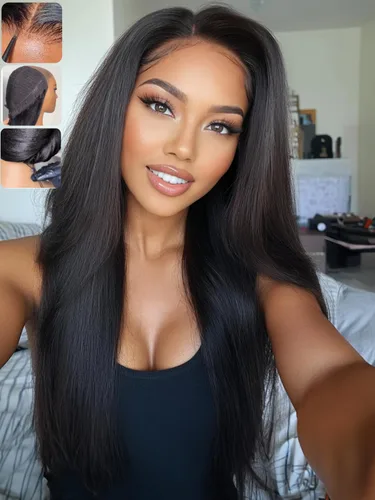 Vista 46 de KLAIYI Peluca de cabello humano con encaje frontal precortada 7x5, corte Bob en capas, corte romo, cordón sin pegamento, peluca predepilada