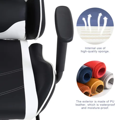 Vista 6 de HCY Silla ergonómica de respaldo alto, estilo carreras, con reposapiés, reposacabezas y soporte lumbar, altura ajustable, silla de oficina de piel