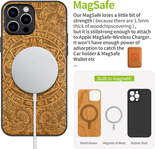 Vista 5 de Carveit Funda magnética de madera para iPhone 12 Pro [madera natural y TPU suave negro] a prueba de golpes, funda de madera única y elegante