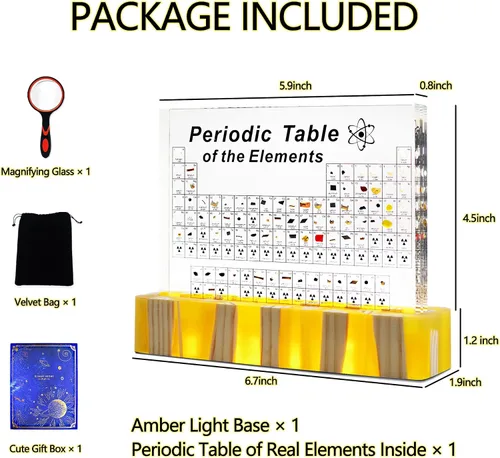 Vista 2 de Tabla periódica con elementos reales en el interior, soporte iluminado ámbar, póster acrílico de tabla periódica de elementos, decoración