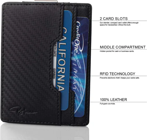 Vista 2 de BLACARO - Billetera delgada Picara con clip de dinero con bloqueo RFID Billetera de crédito - Cartera de viaje - Mini cartera minimalista