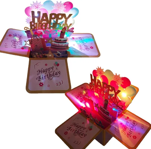 Vista 2 de Tarjetas de cumpleaños 3D desplegables, reproducción automática 3D de colores cambiables, música ligera, tarjetas de pastel de cumpleaños emergentes