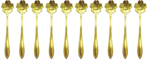 Vista 8 de Cuchara de flores de acero inoxidable de 10 piezas, cucharas creativas de postre doradas, cucharas de café, agitadores de café, cuchara de té