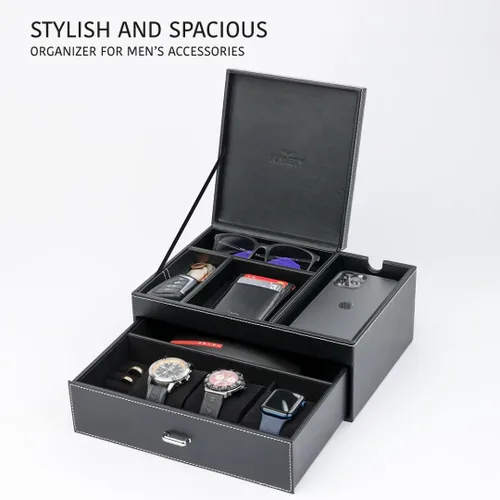 Vista 2 de Joyero organizador y bandeja de aparador para hombre, estación de mesita de noche de primera calidad para relojes, anillos y accesorios, elegante