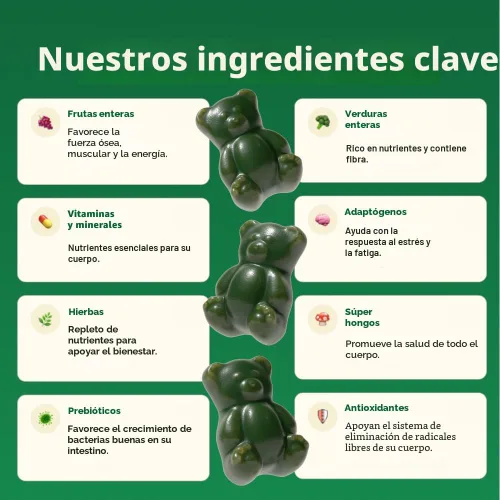 Vista 3 de Gruns - Gomitas Super Greens para Adultos, Ositos de Goma Multivitamínicos de Superalimentos, Espirulina, Clorela, Prebióticos y Gomitas de Fibra