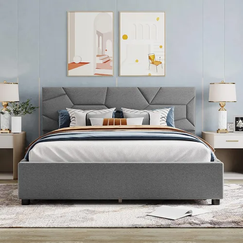 Vista 13 de Cama de plataforma tapizada de tamaño matrimonial con cabecera de terciopelo con patrón de flores, con marco de cama de soporte de listones
