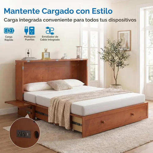 Vista 6 de Mjkone Armario de cama Queen Murphy, cama de pecho Murphy con cajón de almacenamiento, estación de carga USB, panel de noche, camas convertibles