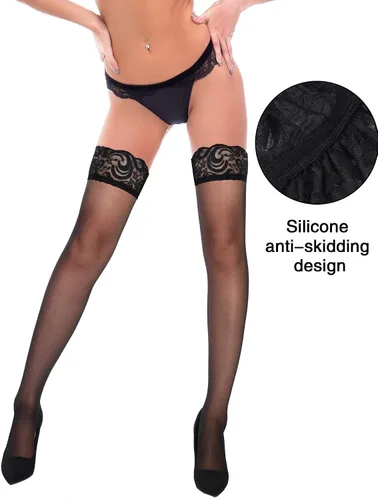 Vista 3 de Boao 3 pares de medias altas hasta el muslo para mujer, antideslizantes, de silicona, con encaje, medias de seda para mujeres y niñas, suministros